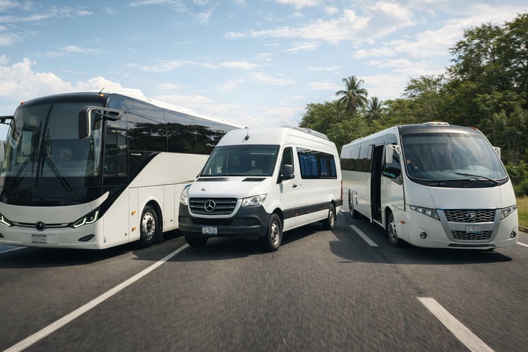 Tres vehículos comerciales blancos alineados en una autopista con vegetación tropical de fondo bajo un cielo azul