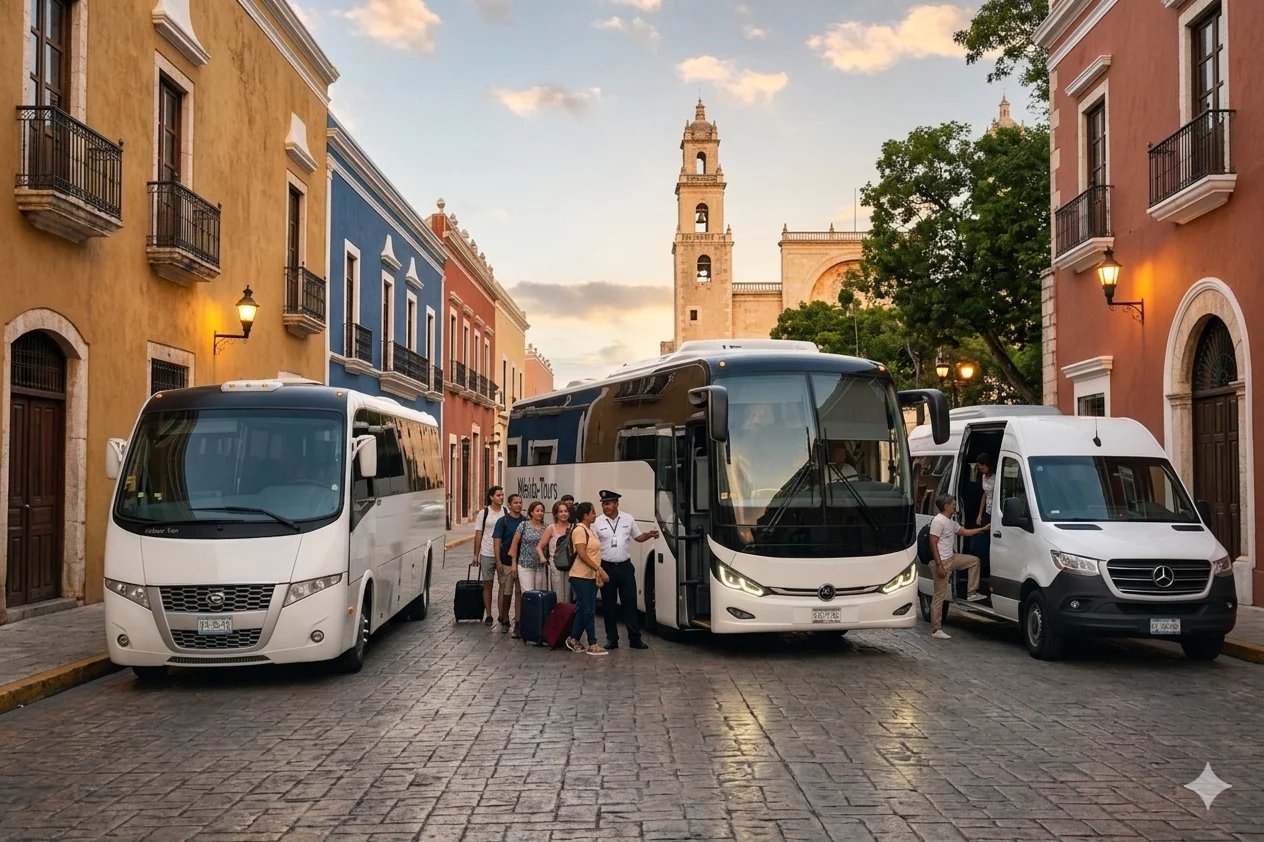Three tour buses parked in a historic colonial town square with colorful buildings and a church tower in the background