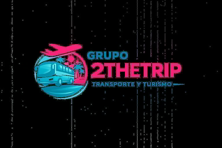 Grupo 2TheTrip logo featuring a blue bus with pink airplane and text, transport and tourism company branding